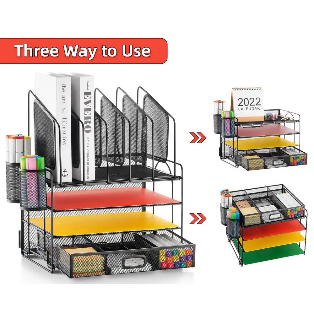 12.85″ X 16.14″ Black Metal Desktop Organizer – 4-Tier Mesh File Organizer (With