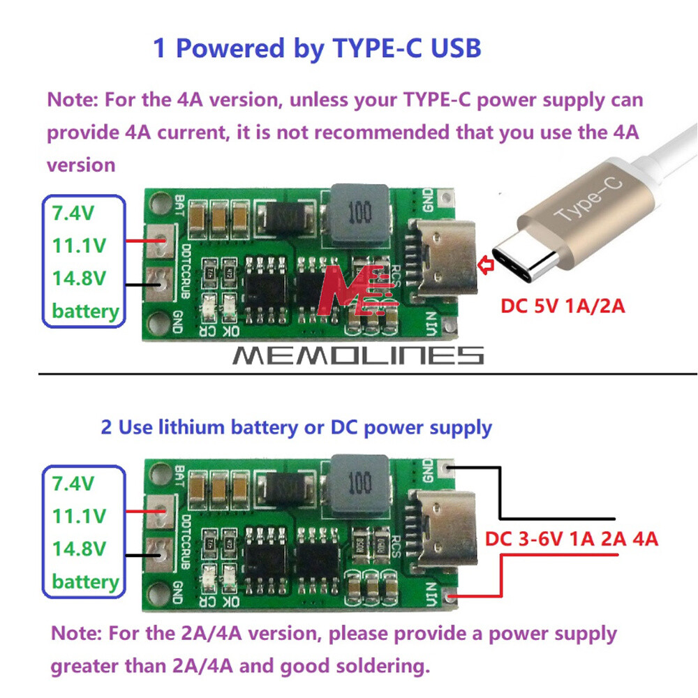 DC3-6V to 8.4/12.6/16.8V 1-4A Boost 18650 Li-ion Battery Charger 2S 3S 4S USB-C