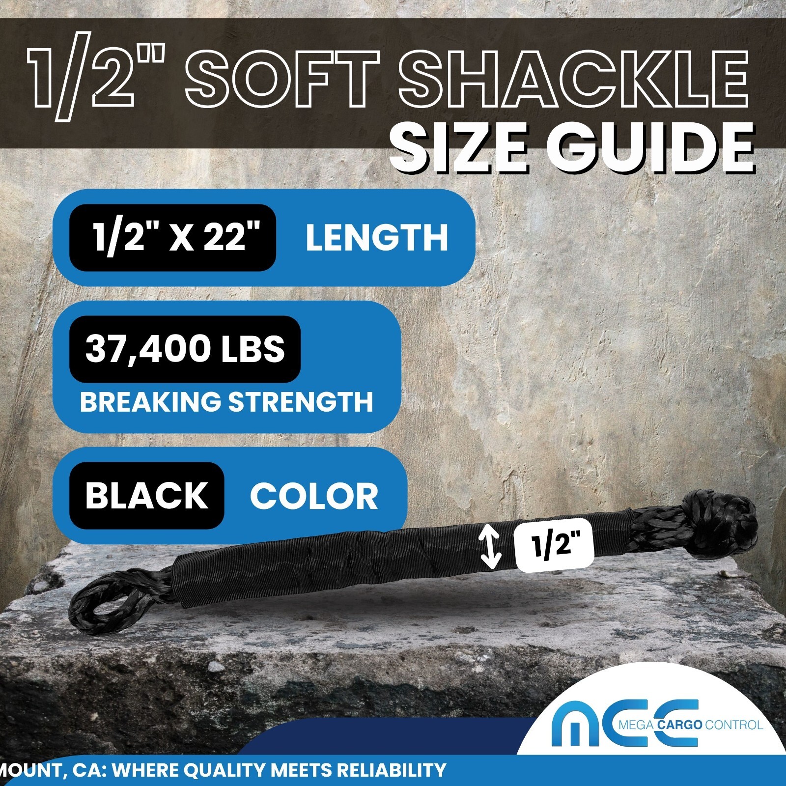 2 PC 1/2» x 22» Synthetic Soft Shackle Tow Rope Recovery Strap 37,400LBS
