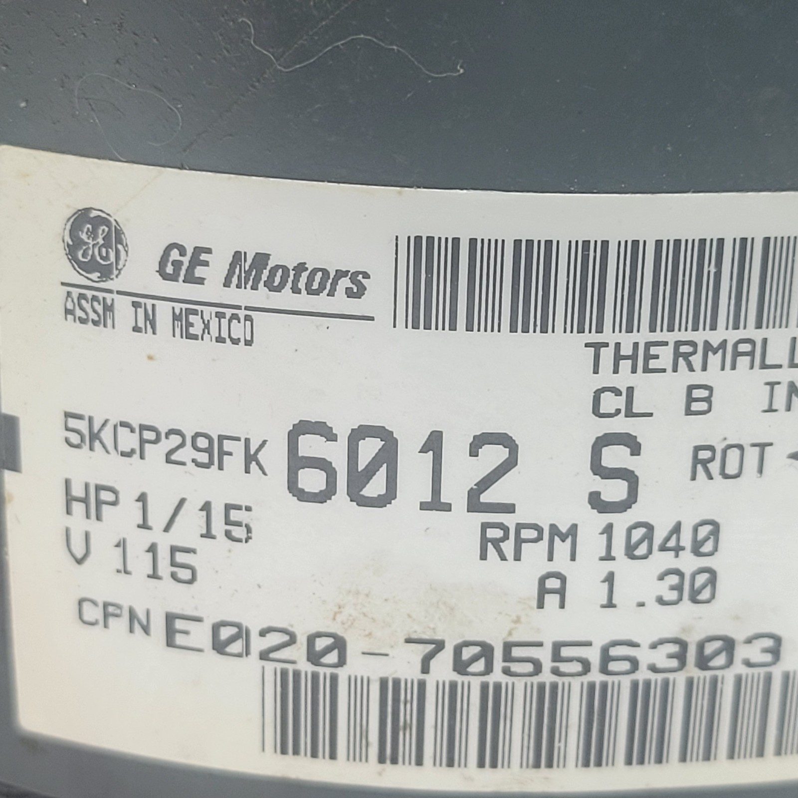 GE Motors 5KCP29FK6012S 1/15 HP 1040 RPM 115V CPNE020-70556303 USED