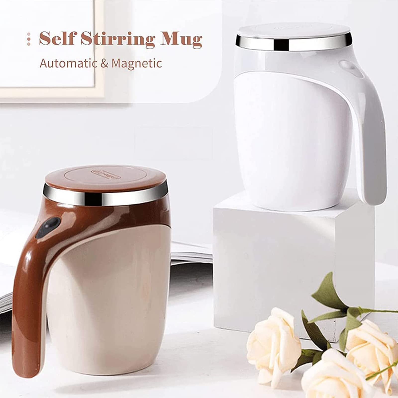 FOXNSK Automatic Magnetic Stirring Coffee Mug, 12.8 Ounces, F-battery Brown