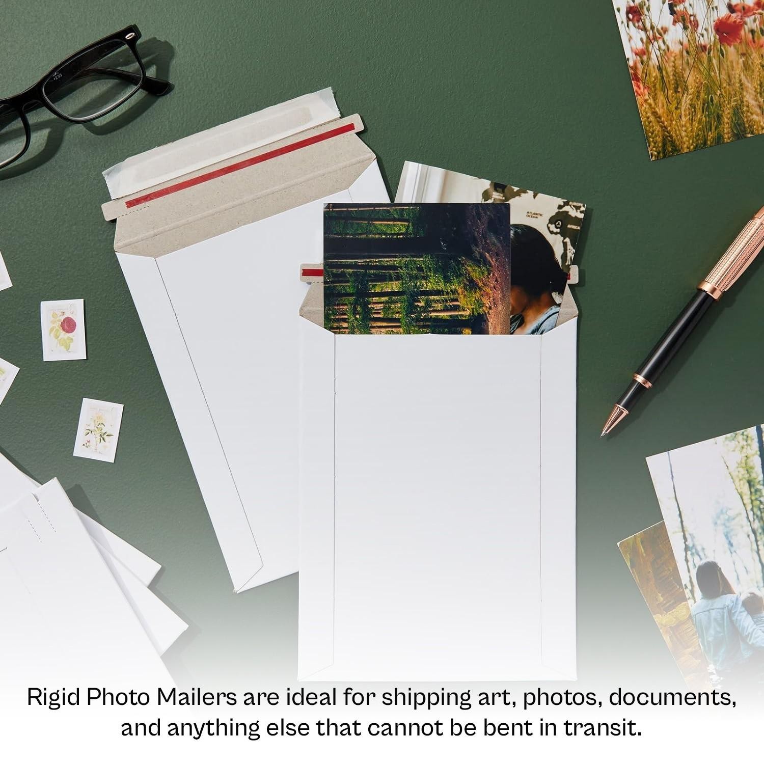 100 – 6×8″ Rigid Flat Photo Mailers – Self-Seal – White