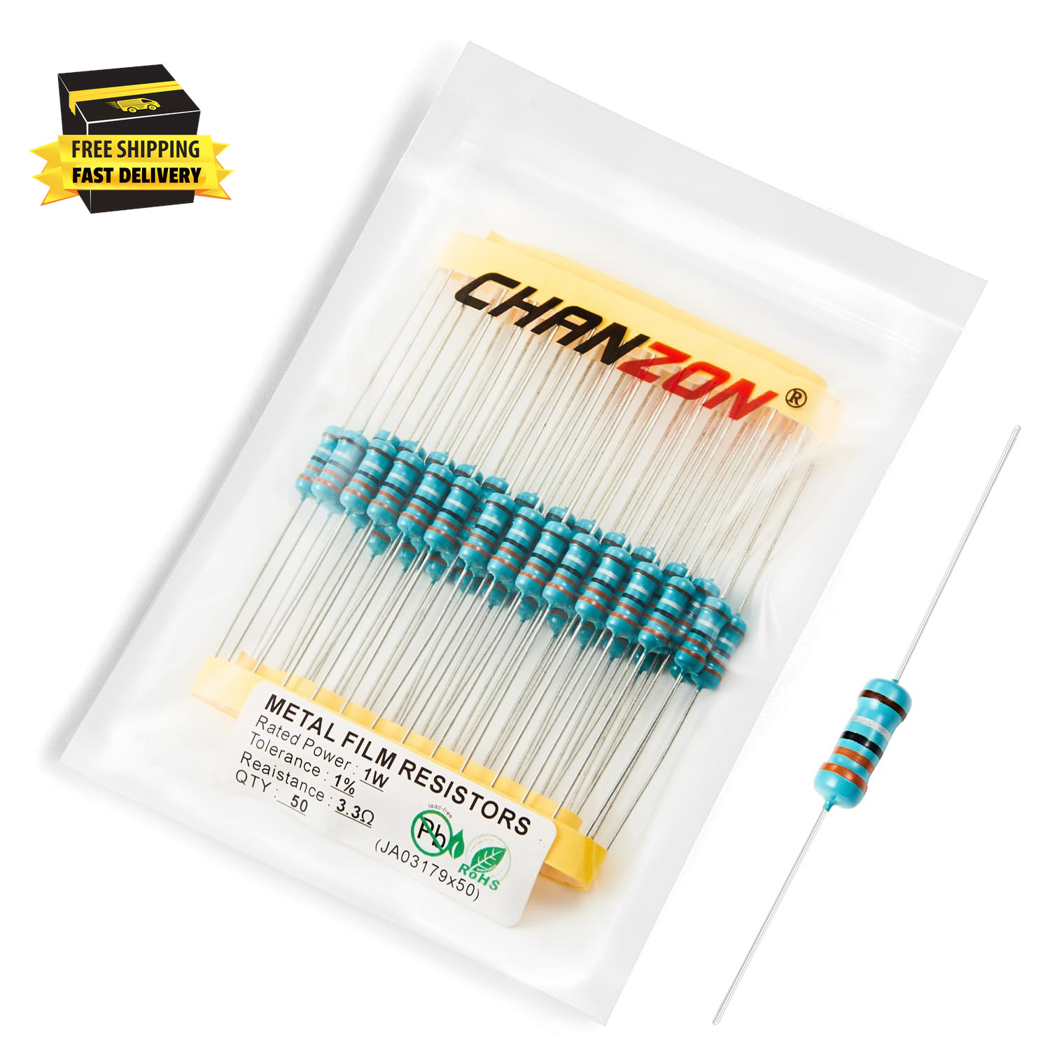 50Pcs 1W 3.3Ω Ohm Metal Film Fixed Resistor 0.01 ±1% Tolerance 3.3 R MF through