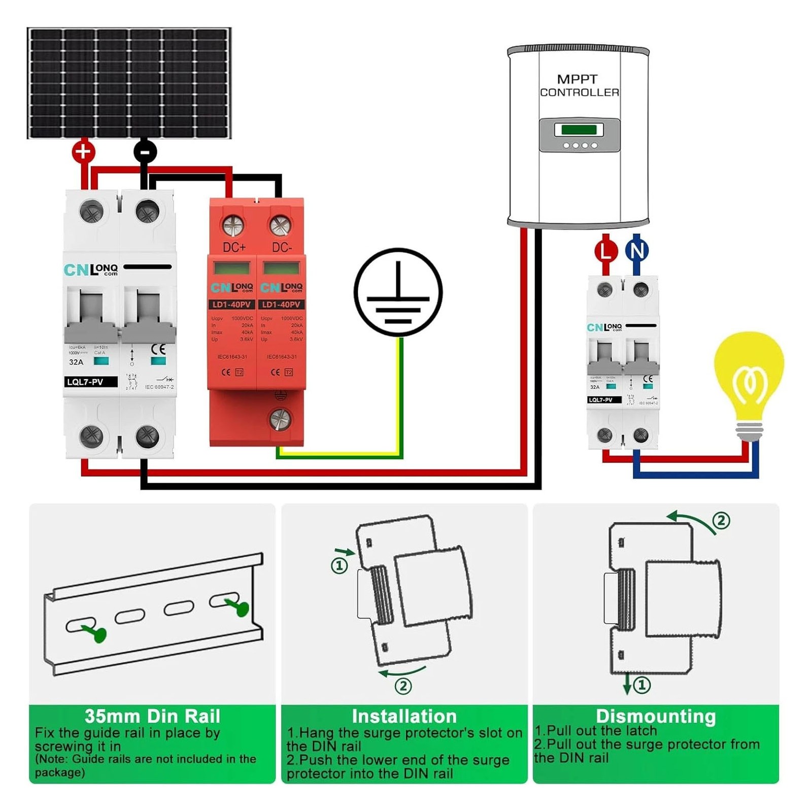 Surge Protector Protective Device DC 1000V 2Pole 40kA Lighting Arrester Device