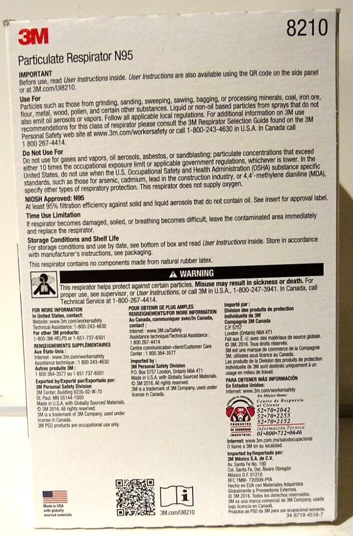 1 Box Of 20 3M 8210 N95 Protective Particulate Respirator Dust Mask Disposable