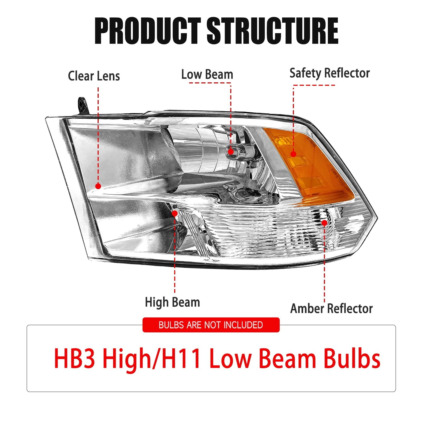 Headlight Assembly for Ram 1500 2500 3500 2009-2018 Chrome Amber