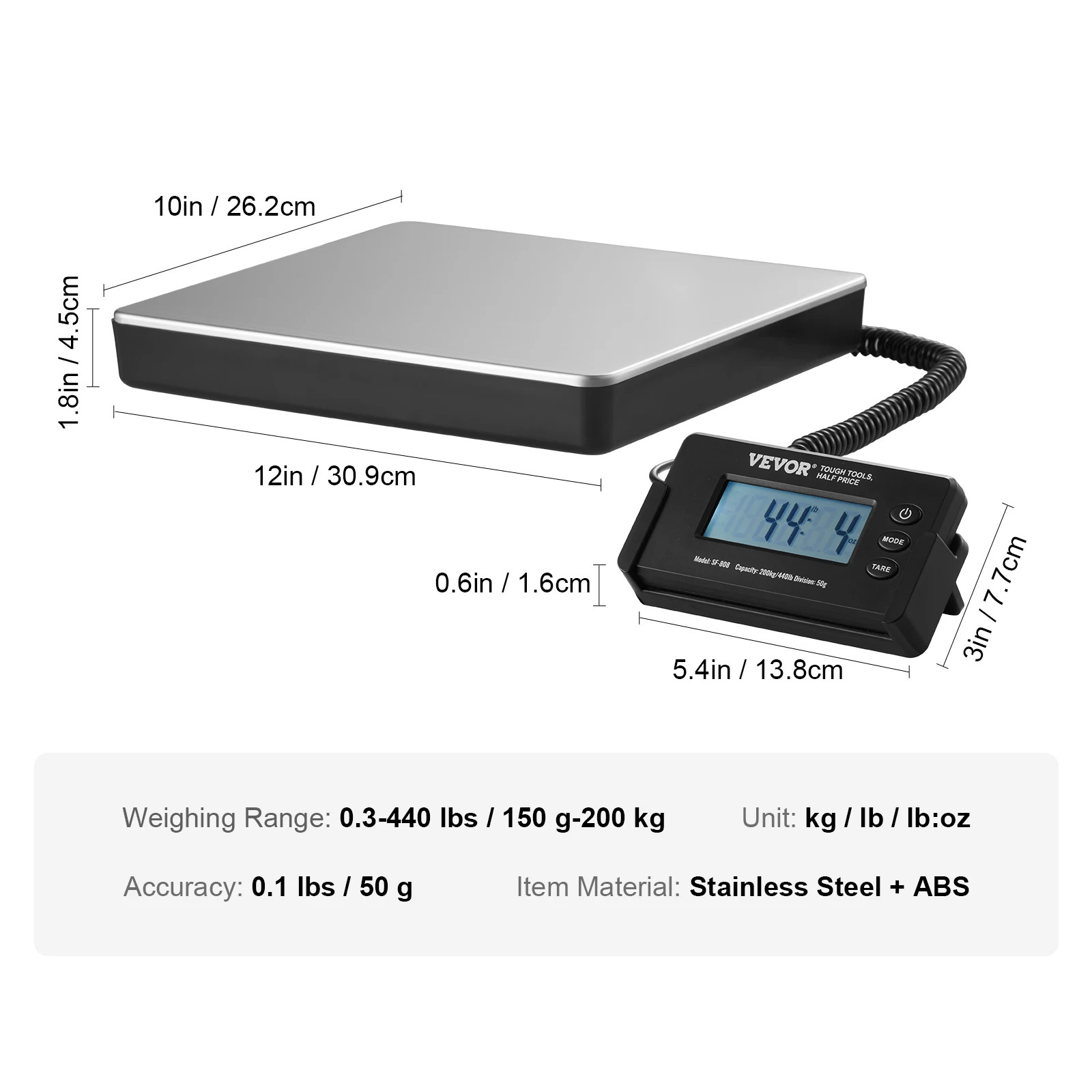 SucceBuy 440lbs Digital Shipping Scale Platform Postal Scale Tare Function LCD