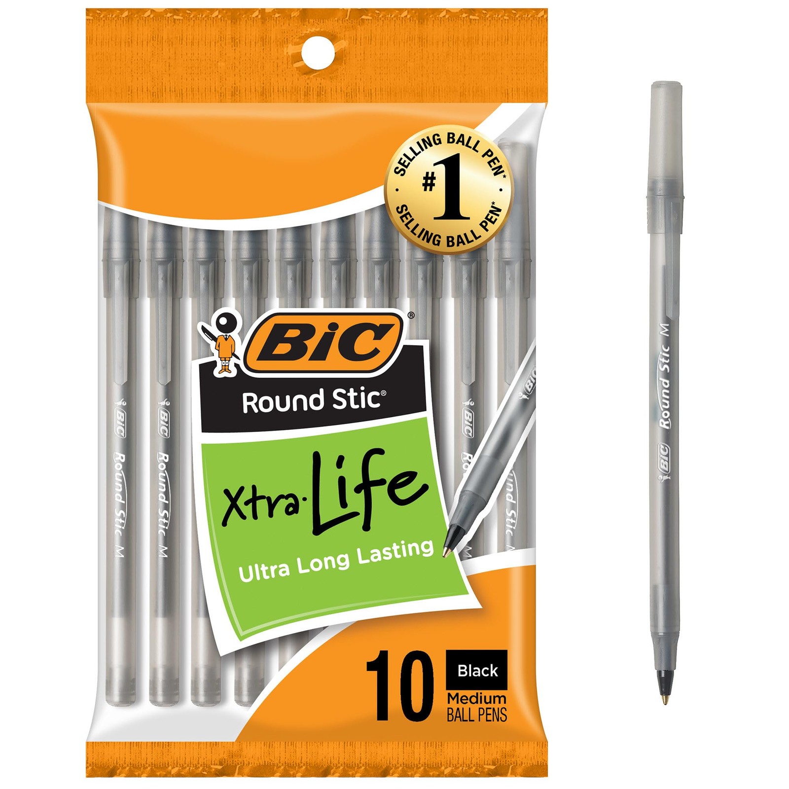BIC Round Stick Long-Life Ballpoint Pen, Medium Point, 10 Count