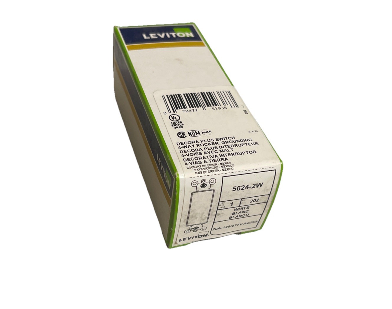 Leviton 4-Way 20A 120/277V Decorator Rocker Quiet Switch Self-Grounding 5624-2W