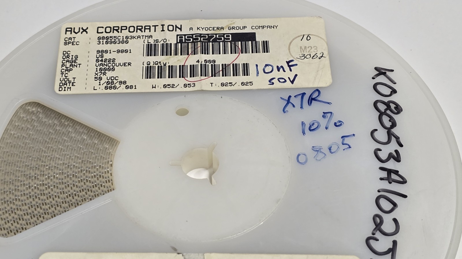 (3900 Pcs) 08055C103KATMA Capacitor Ceramic 10nF  50 vdc 10%  x7r smd Reel