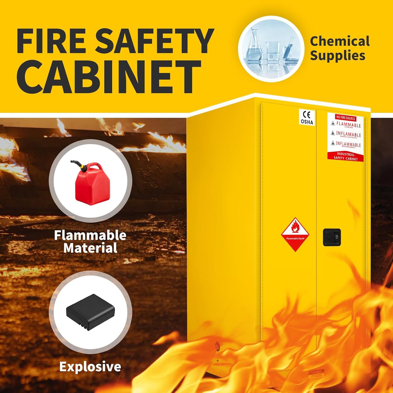 90 Gal Flammable Liquid Storage Cabinet 35»×35»×65» Fireproof Safety Cabinet