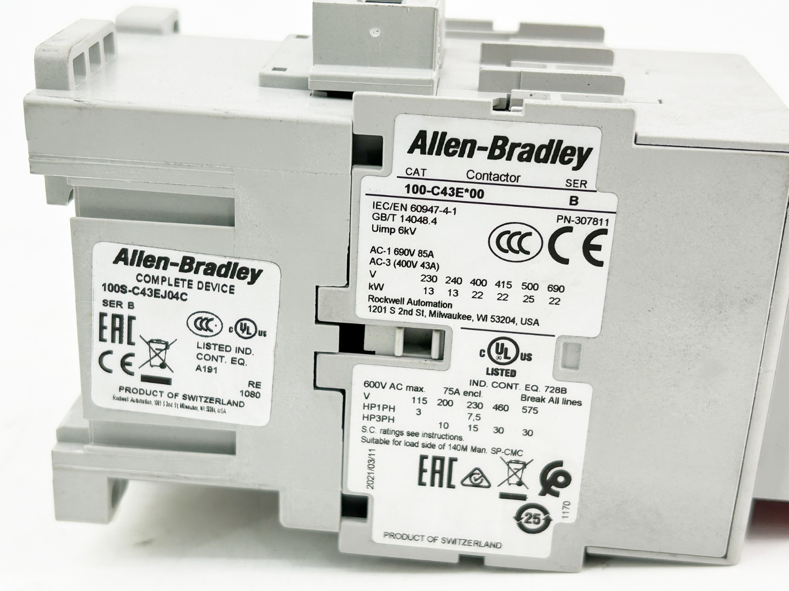 New Allen Bradley 100S-C43EJ04C Safety Contactor 43A 24VDC Ser.B