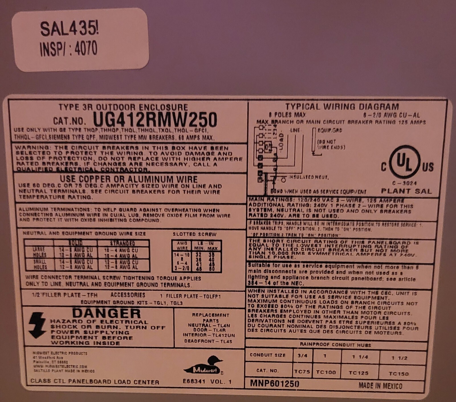 GE thql2150gft Midwest Electric UG412RMW250 50 Amp 240-Volt Spa Panel 120/240V