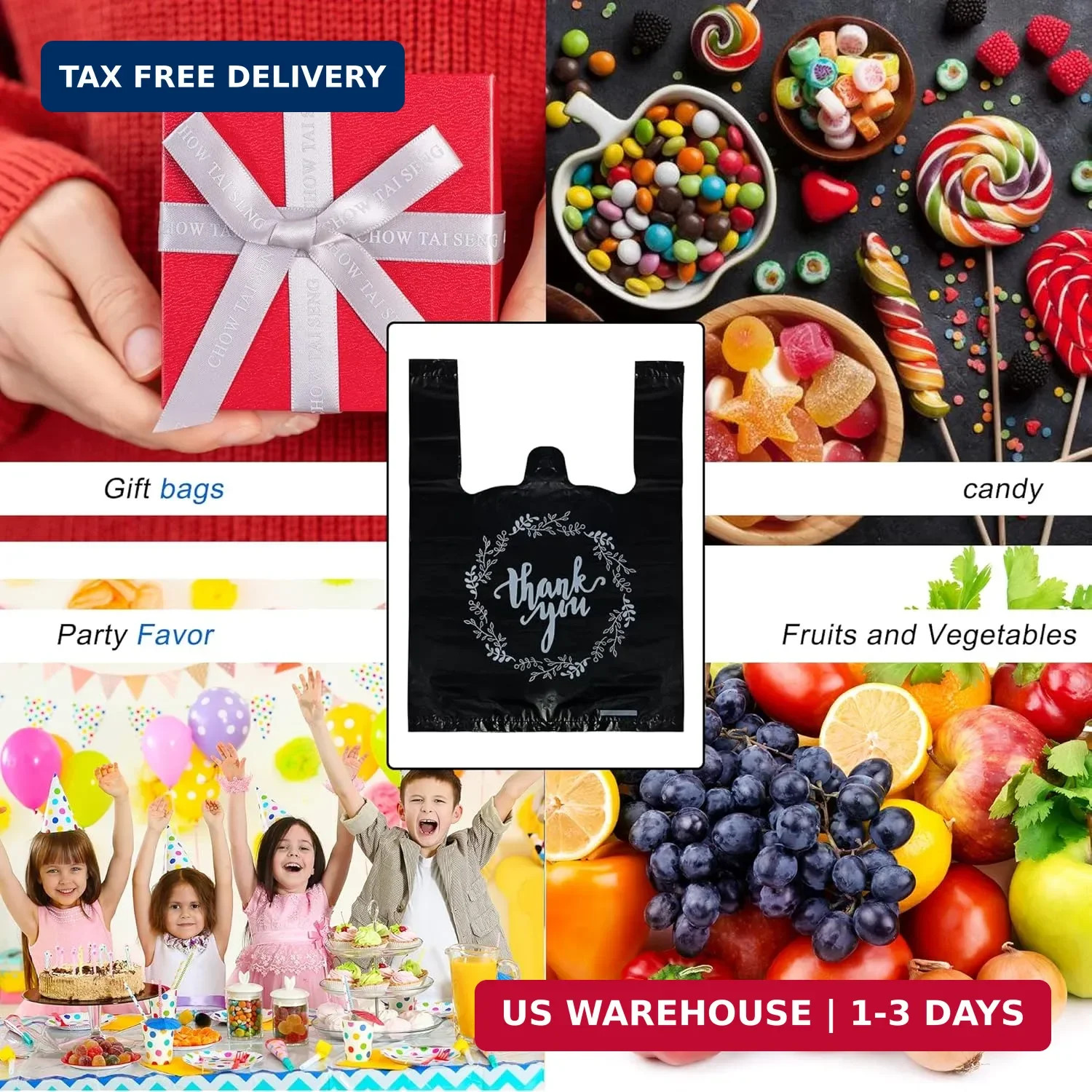 TOSPARTY 100PCS Black Thank You T-Shirt Bags Plastic Bulk Shopping Restaurant Ba