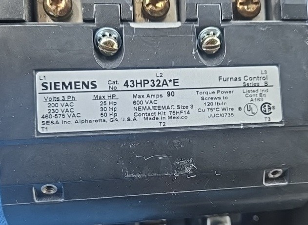 Siemens 43HP32A*E 3-pole, Size 3 NEMA Reversing Magnetic Contactor 90 Amps 50HP