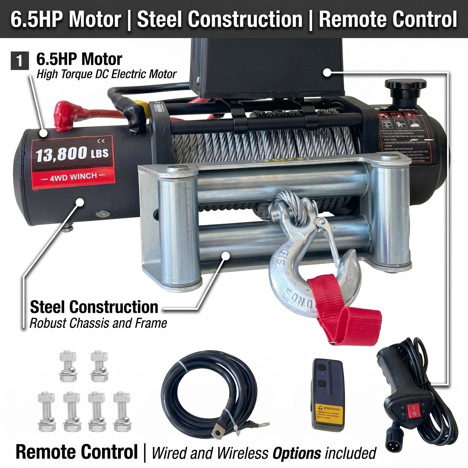 12V 13800LBS 4WD 80ft Electric Winch Steel Cable Truck Trailer Off Road Towing