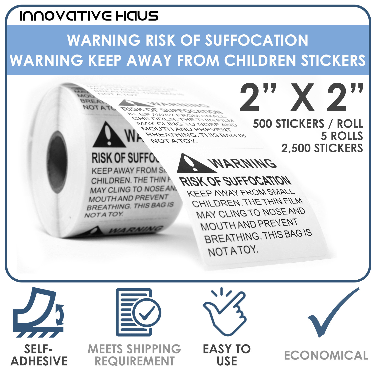 Innovative Haus 5 Rolls x 500 Labels (2,500 Total) Risk of Suffocation Warning