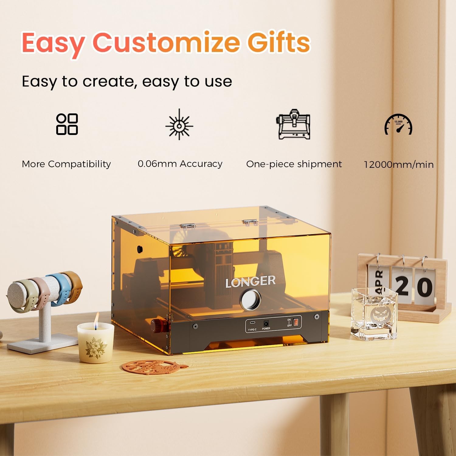 LONGER Ray5 miniS 10W Laser Engraver 12000mm/min High-Speed, 130x120mm Work Area