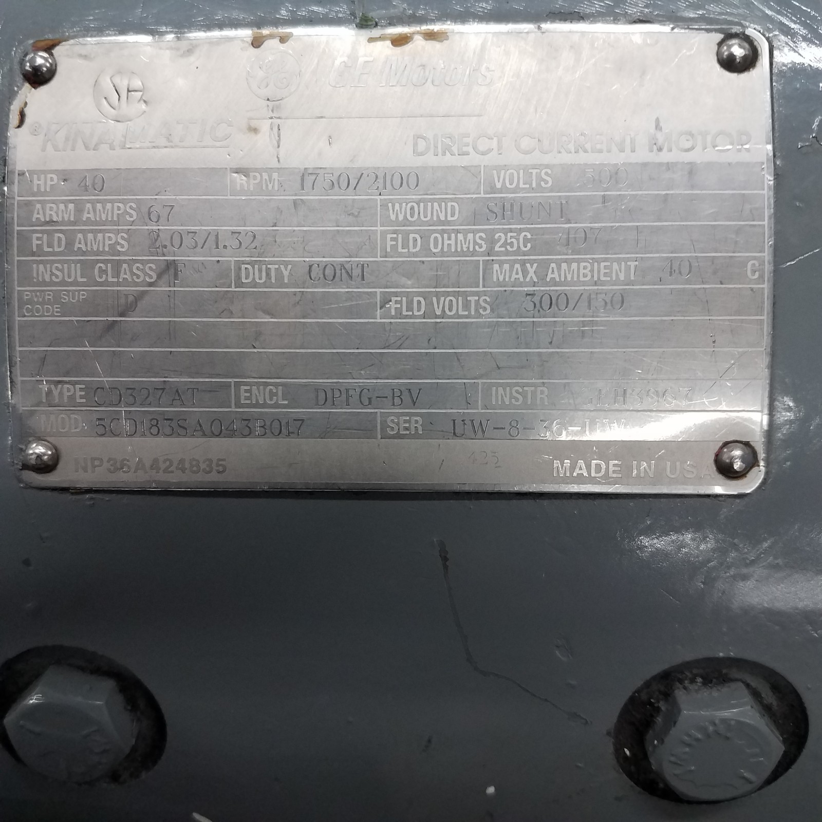 Kinamatic 5CD183SA043B017, 40 HP, 1750/2100 RPM, DC Motor w/1-1/2HP Blower Motor
