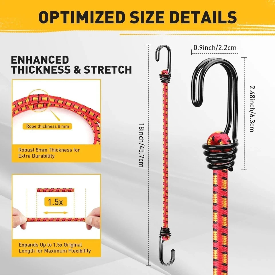 10 Pack 18 Inch Bungee Cords with Metal Hooks Heavy Duty Outdoor Strap Set