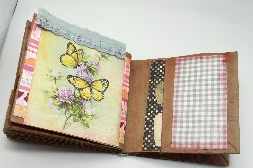Hand Made Junk Journal Doggy And Yellow Flower. Medium Is Brown Paper Bags