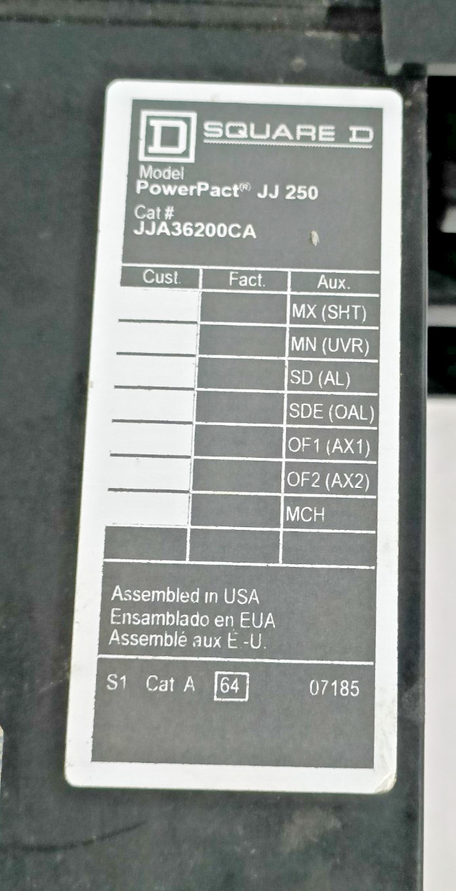 SQUARE D POWERPACT JJ 250 JJA36200CA 200A 3P CAT A CIRCUIT BREAKER 07184 J FRAME