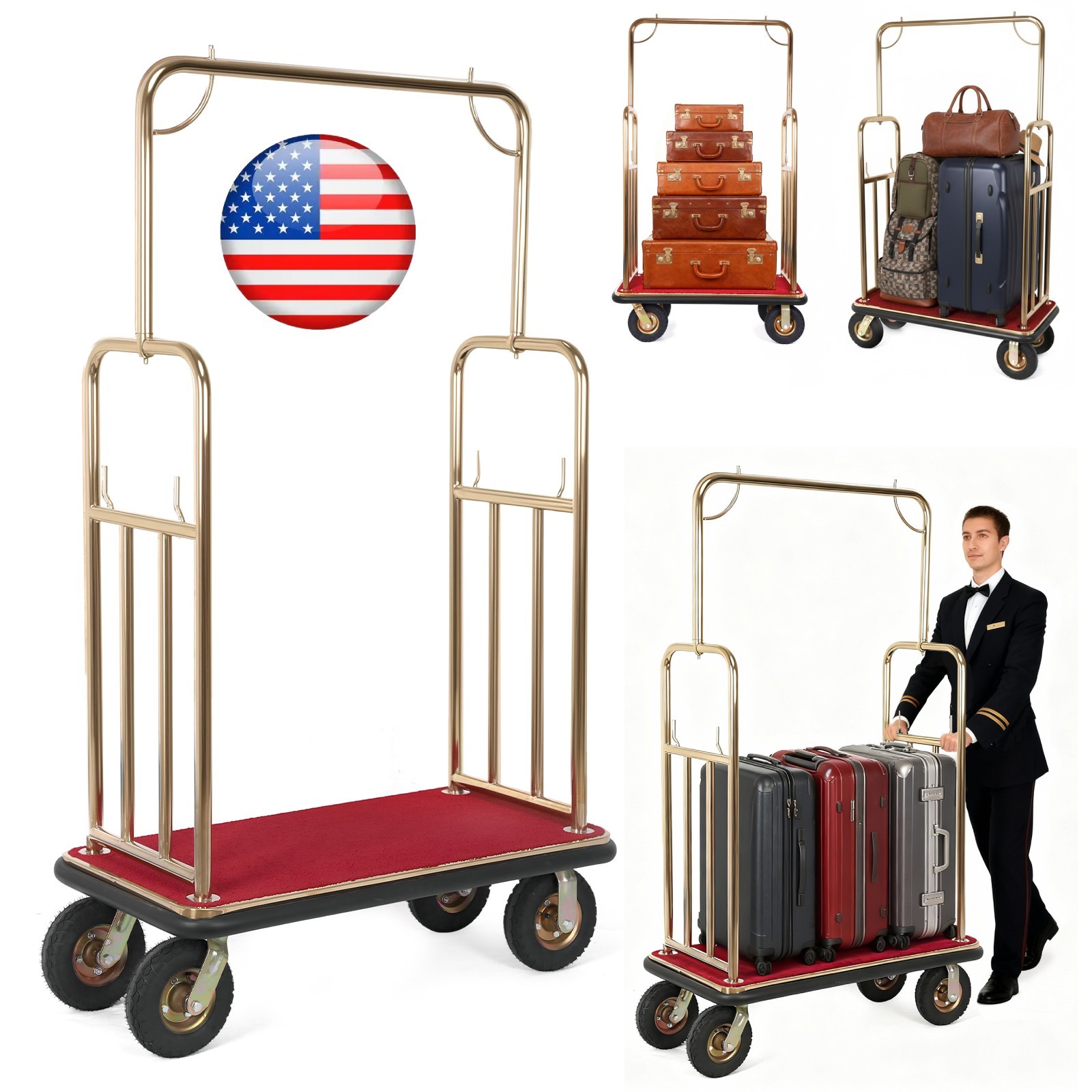 Hotel Luggage Cart 1200 lbs Capacity Stainless Steel Bellman Cart with 8″ Wheels