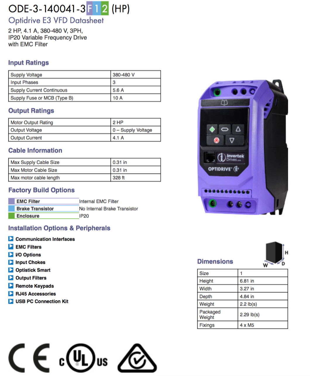 ODE-3-140041-3F12 – Invertek VFD – 2HP 4.1A 380V-480V 3Ph/3Ph – VFDexchange
