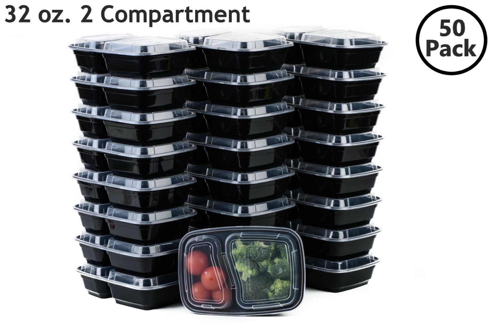 50 Set Microwavable Food Containers with Lids BPA Free Reusable Meal Prep 32 Oz.