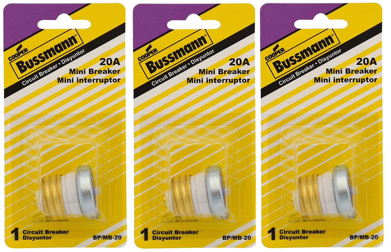 3 ~Bussmann Buss 20 Amp 125V Plastic Plug Fuse Breaker Time Delay MB-20 BP/MB-20