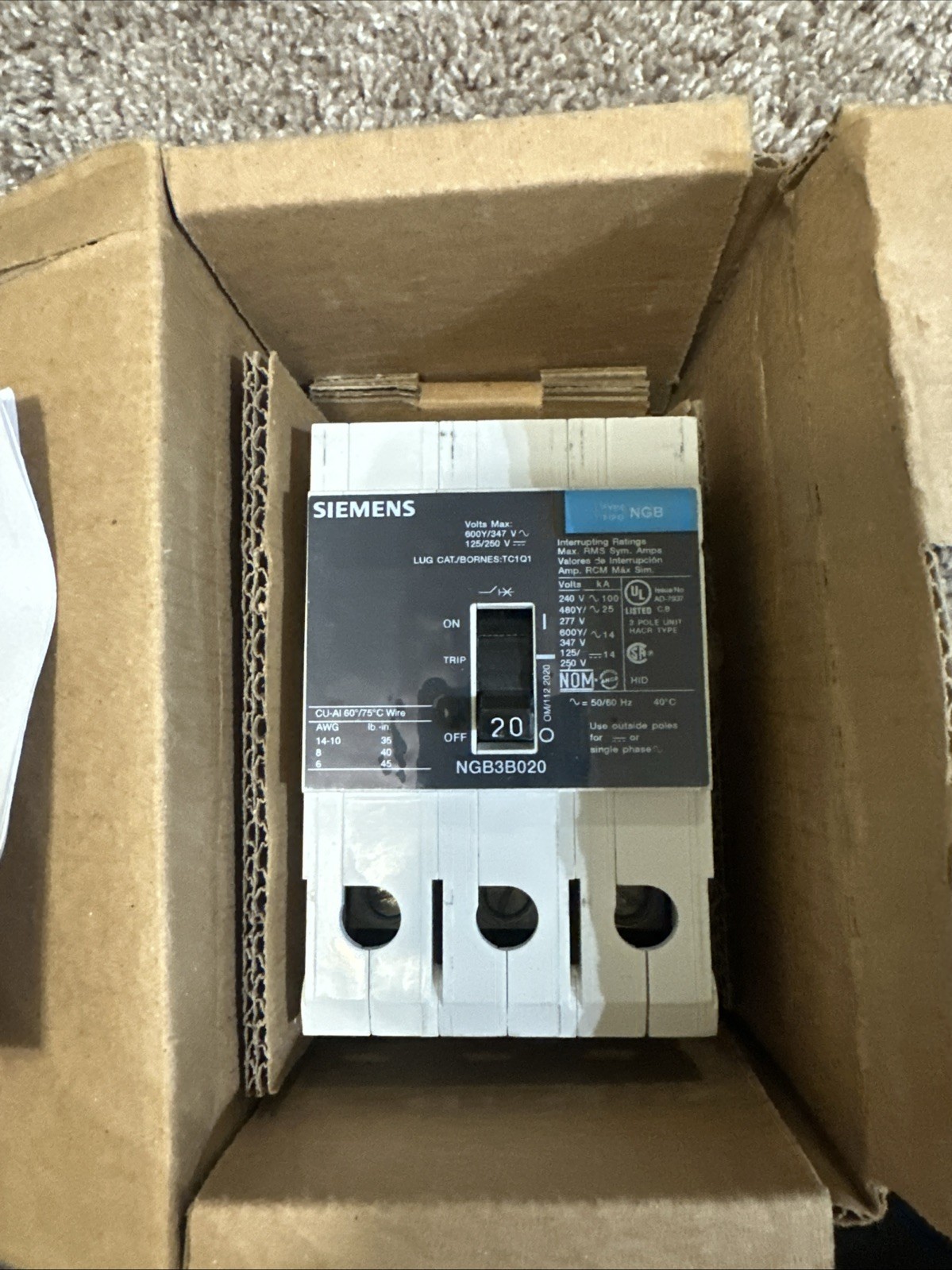 Siemens NGB3B020 3-Pole Circuit Breaker – White