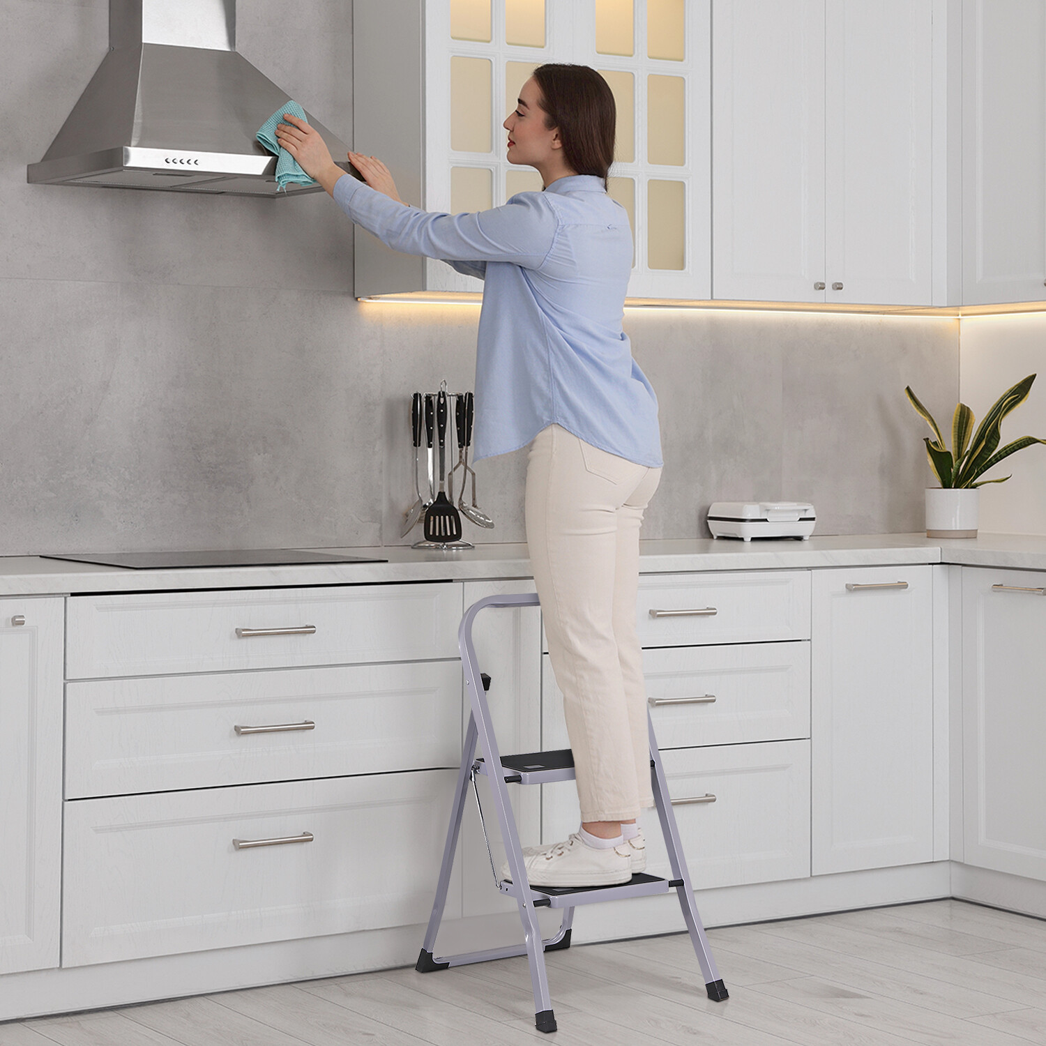2 Step Ladder w/Anti-Slip Pedal Convenient Handgrip for Home Daily Use Gray