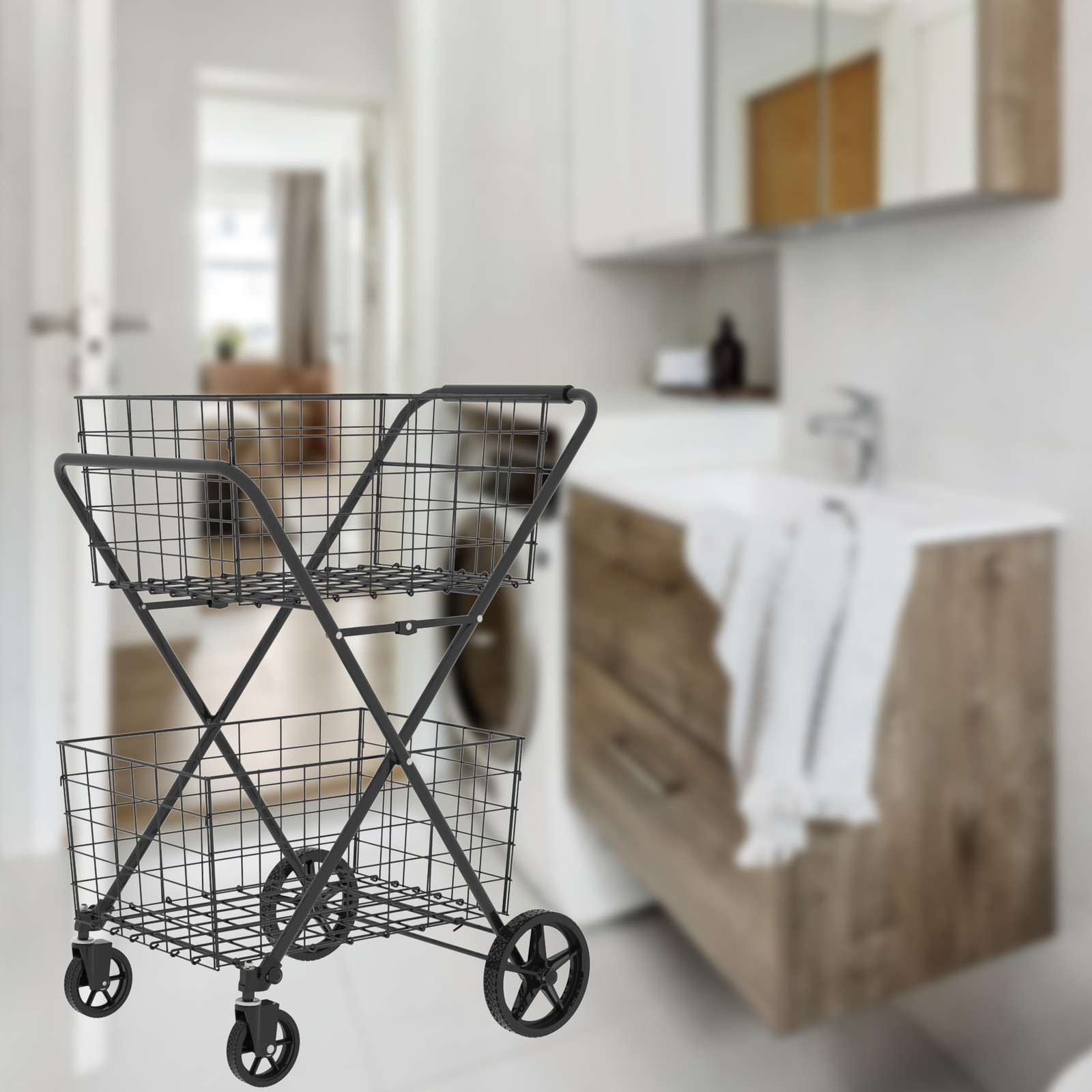 Foldable Utility Shopping Cart W/ 2 Baskets Utility Cart for Laundry Shopping