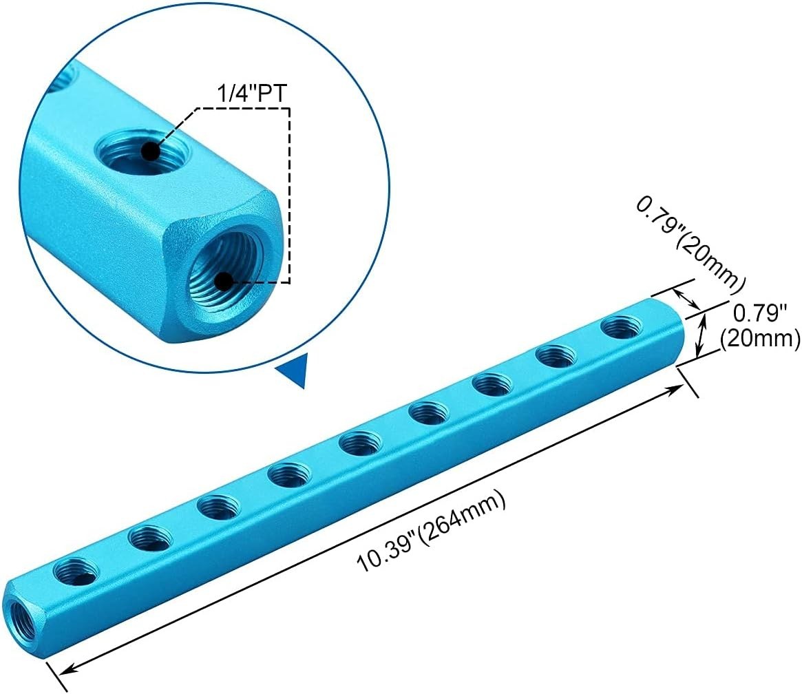 Aluminum Air Manifold Block, 9-Way 12-Port, 1/4″ PT Threaded for Pneumatic Sy…
