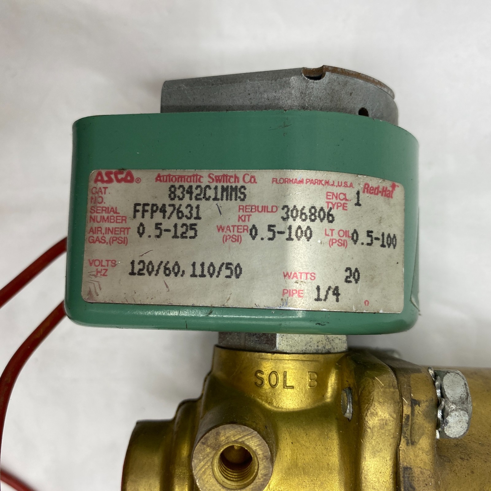 ASCO 8342C1MMS SOLENOID VALVE RED-HAT FFP47631 120/110VOLTS 50/60HZ 20WATTS