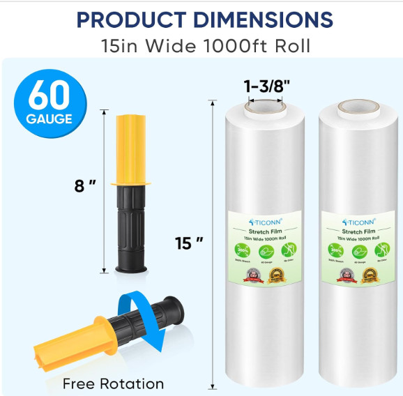 Stretch Wrap Film Roll 2 pack 1000 ft 60 Gauge Industrial Strength 15″ W Handles