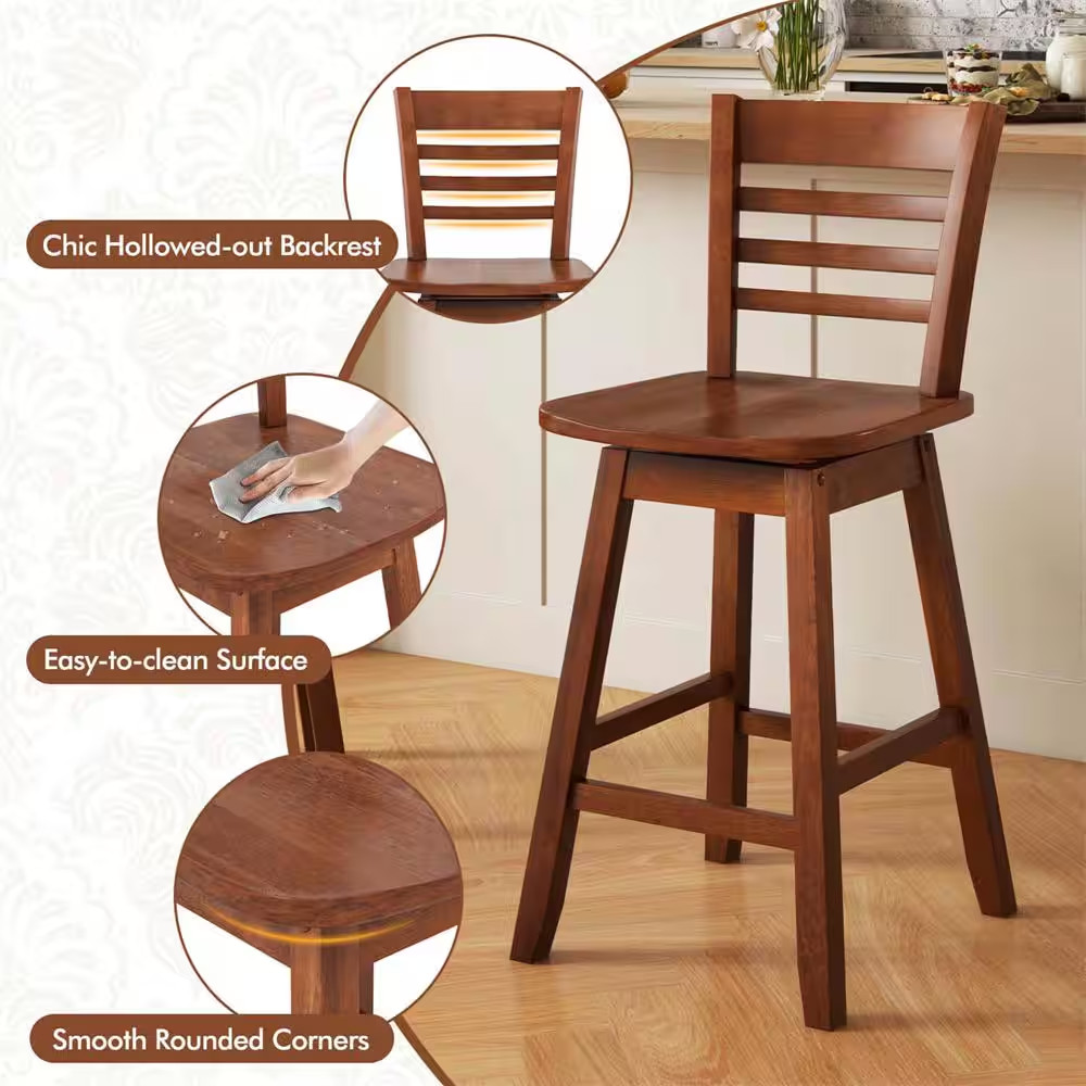 24.5 In. Brown Wood Swivel Bar Stools with Hollow Backrest (Set of 2)