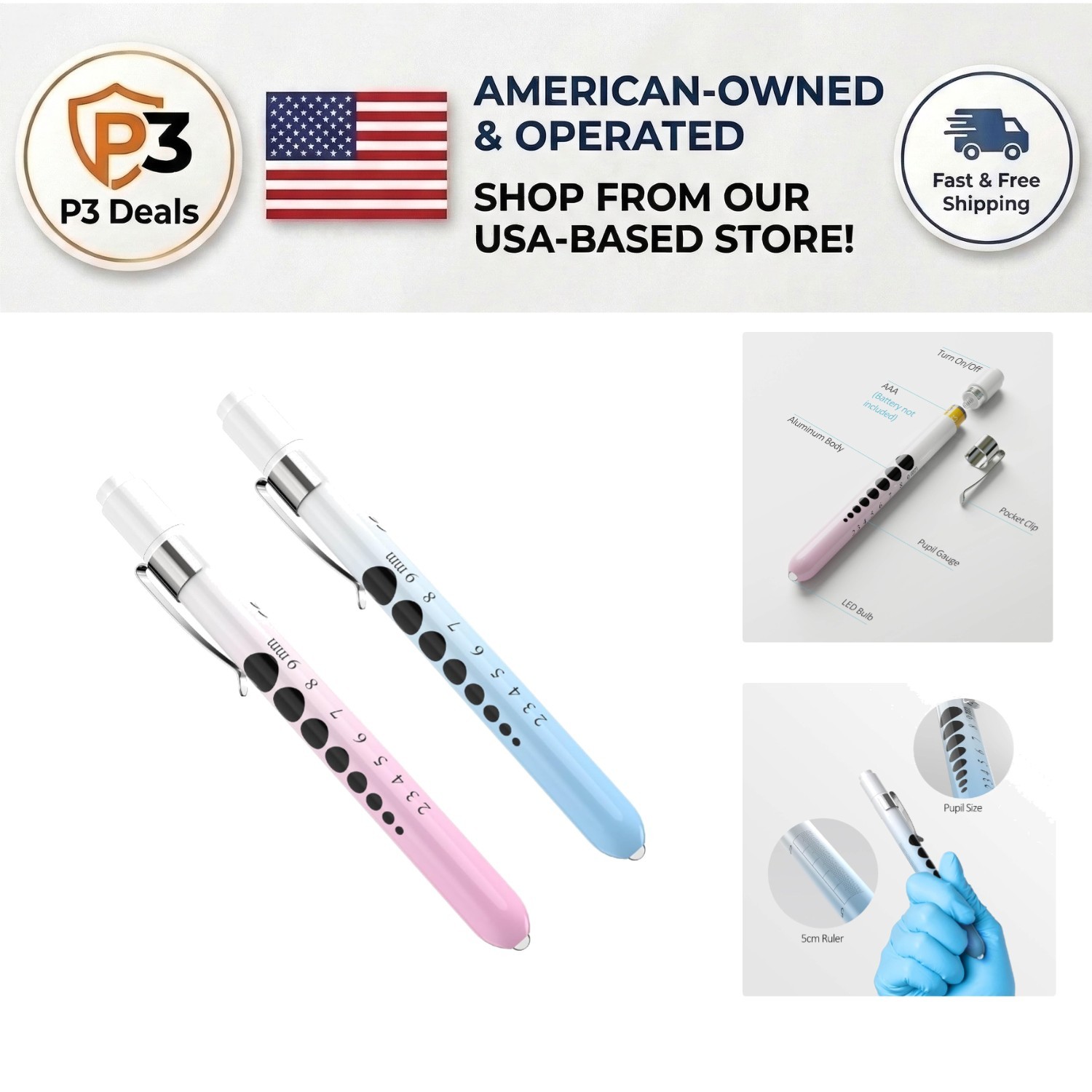 Gradient Pink and Blue LED Pen Lights for Healthcare – 2 Pack with Ruler Feature