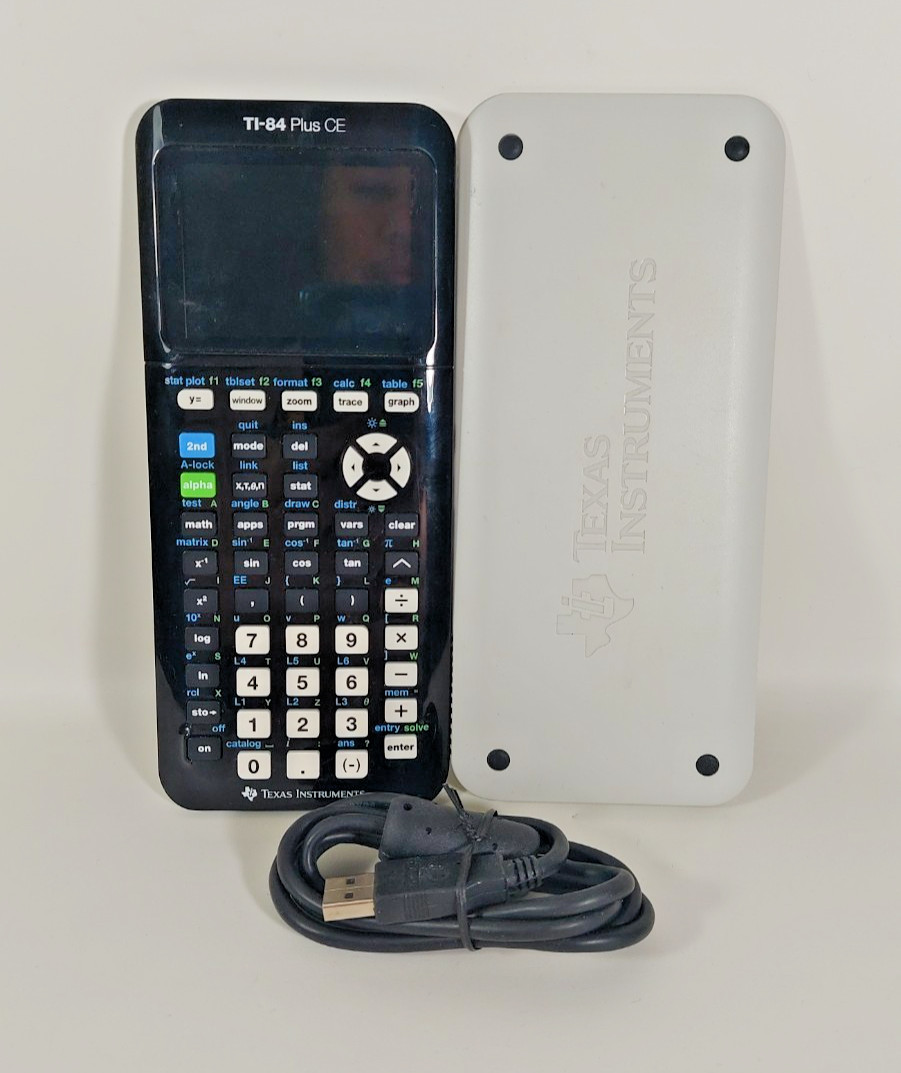 Texas Instruments Ti 84 Plus Ce Graphing Calculator with a charger cable