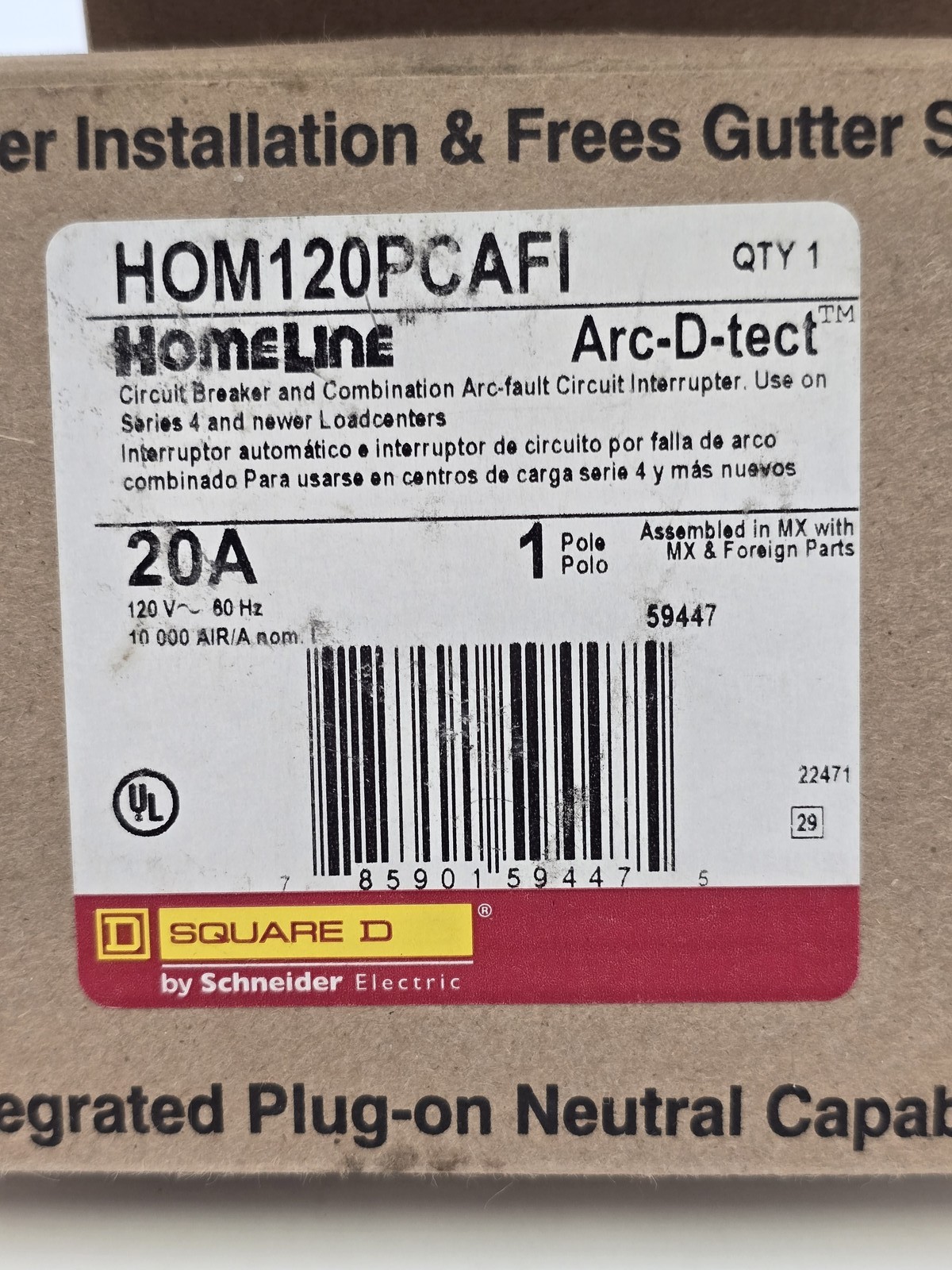 Square D HOM120PCAFI 1 Pole 20 Amp 120V Circuit Breaker HOM Plug In