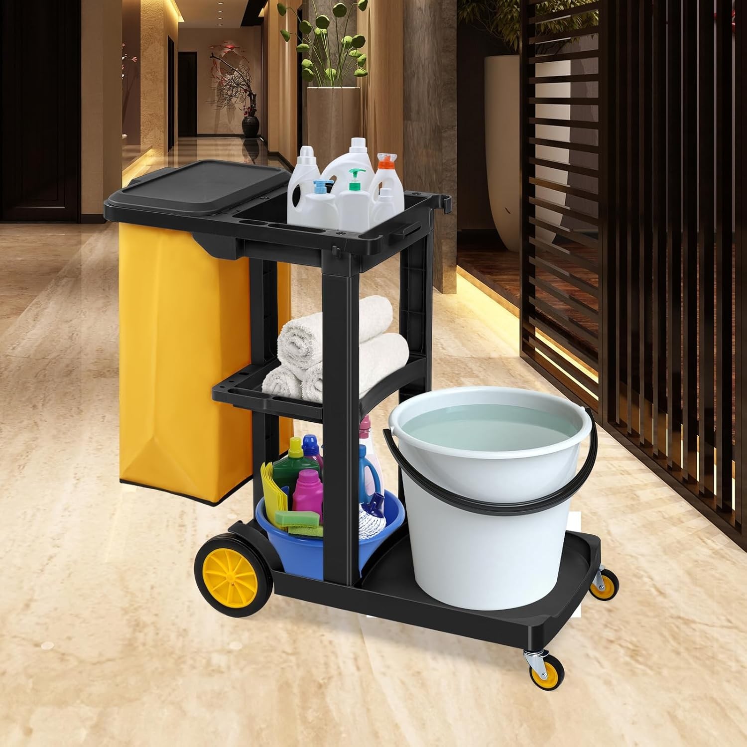 Traditional Cleaning 3-Shelf Janitorial Cart, 500 Lbs Capacity Housekeeping Cart