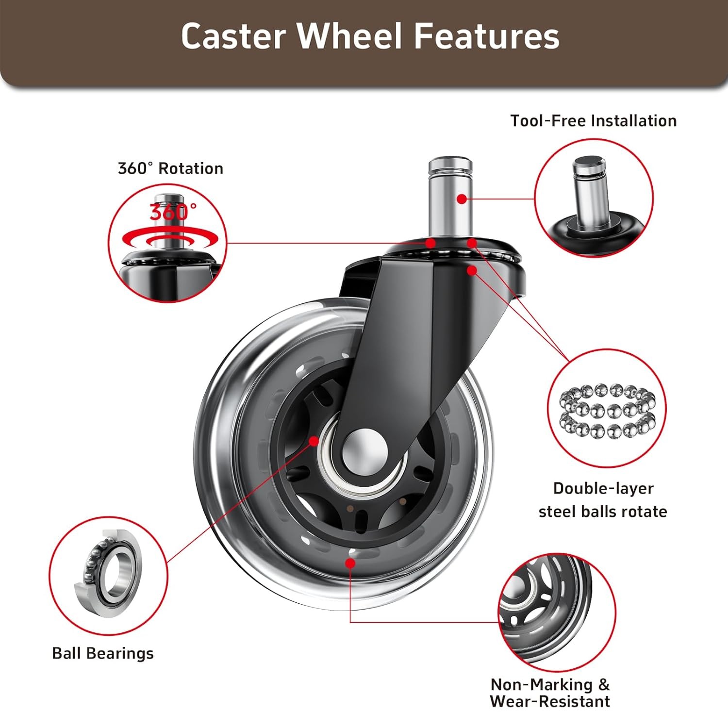 Heavy Duty 3 Inch PU Office Chair Wheels for Hardwood Floor Protection 5 Pack