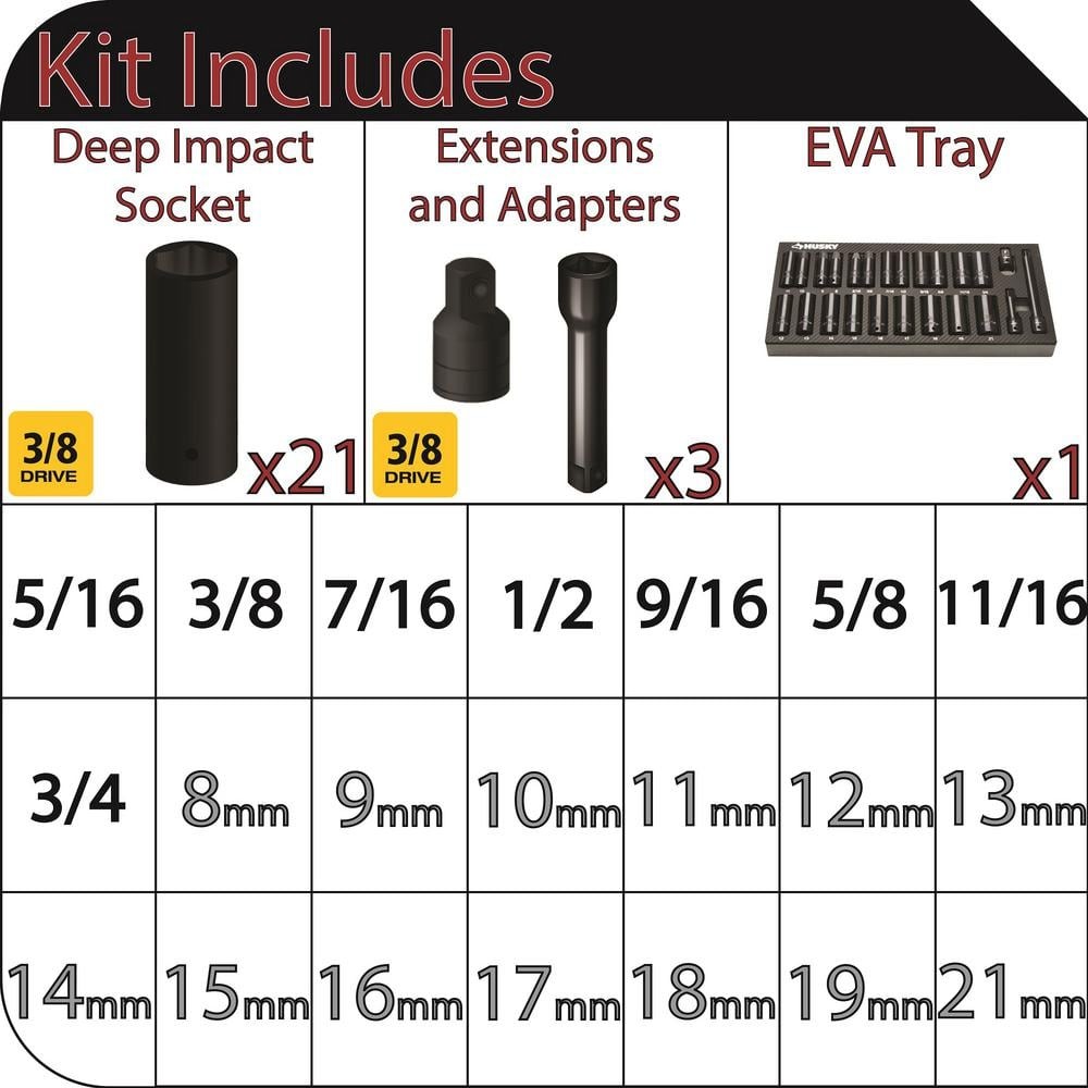 Husky 3/8 in. Drive SAE/Metric Deep Impact Socket Set in EVA Foam (24-Pieces)