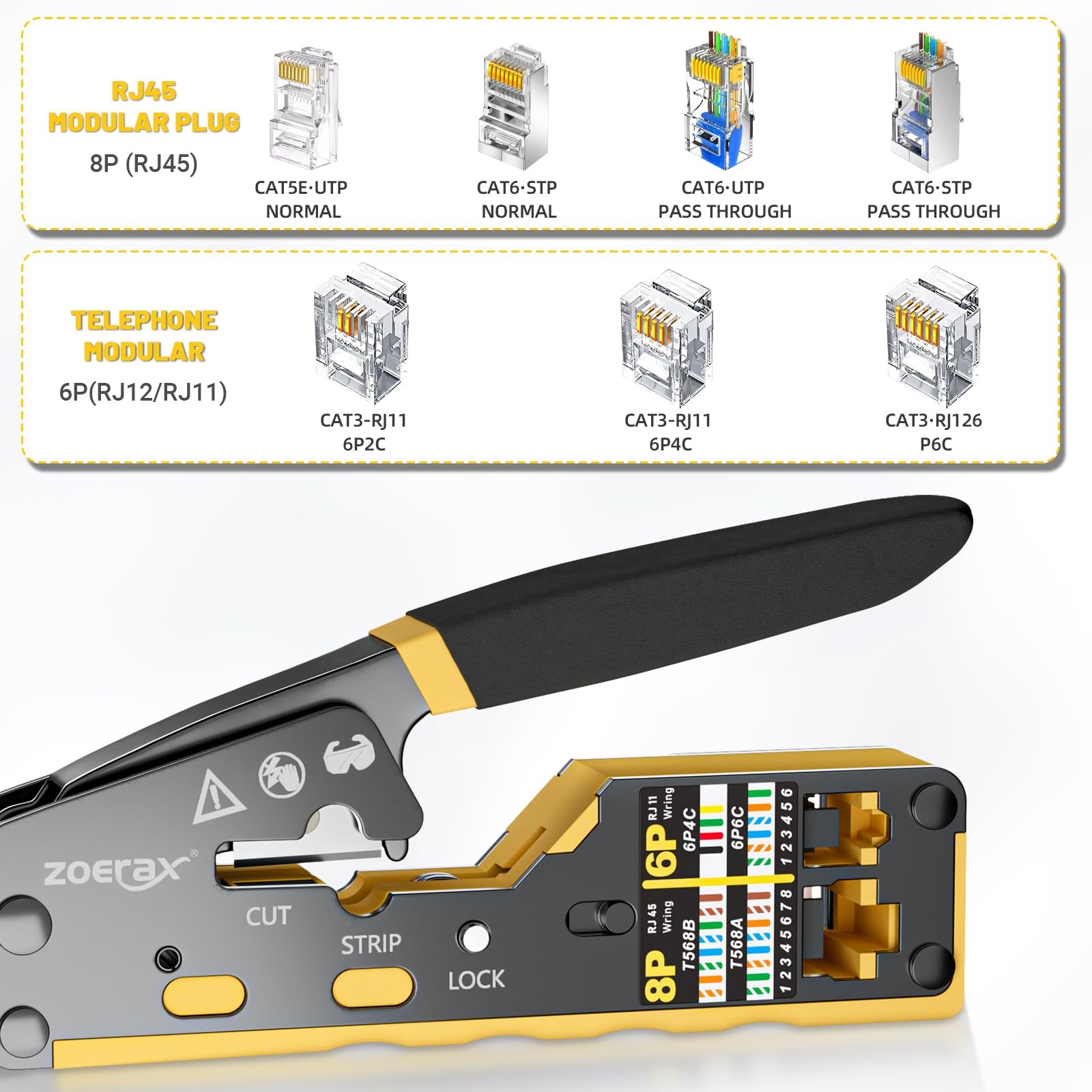 RJ45 Crimping Ethernet Crimp Tool For RJ11/RJ12 Pass Through Connector Yellow