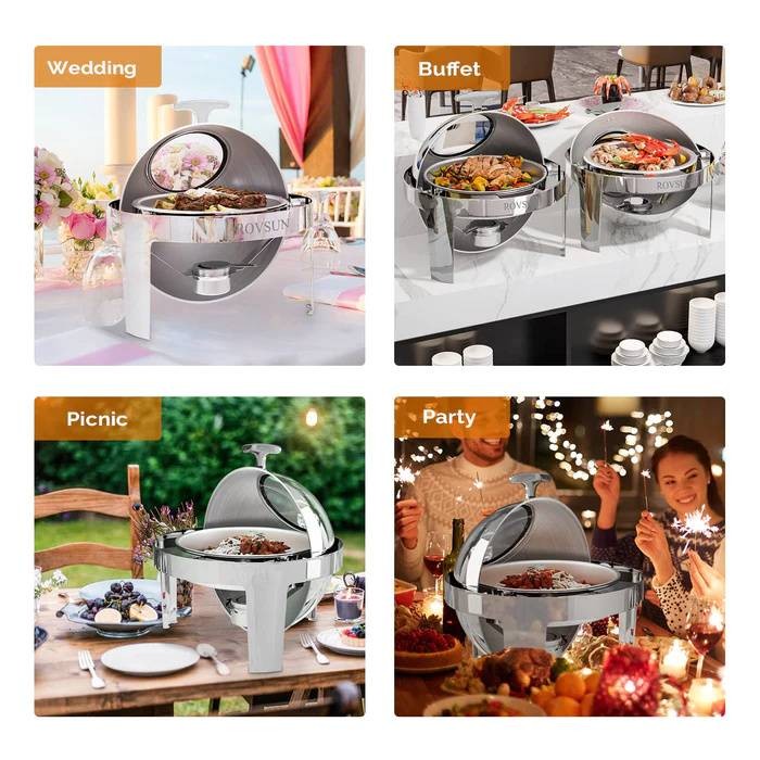 6Qt Round Roll Top Chafing Dish Buffet Set with Glass Window Silver for Wedding