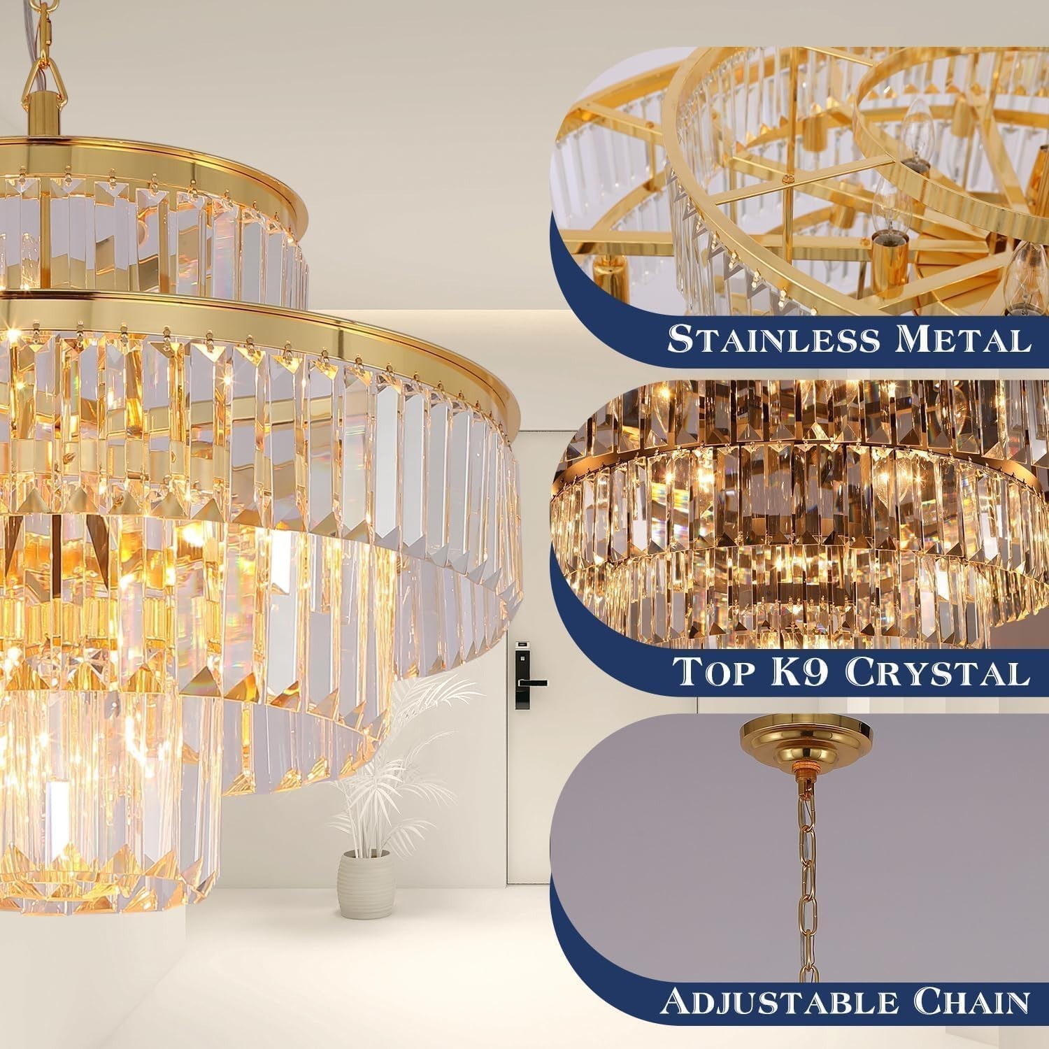 Gold Crystal Chandelier 20″ 4-Tier 6-Light Dining Room Ceiling Light