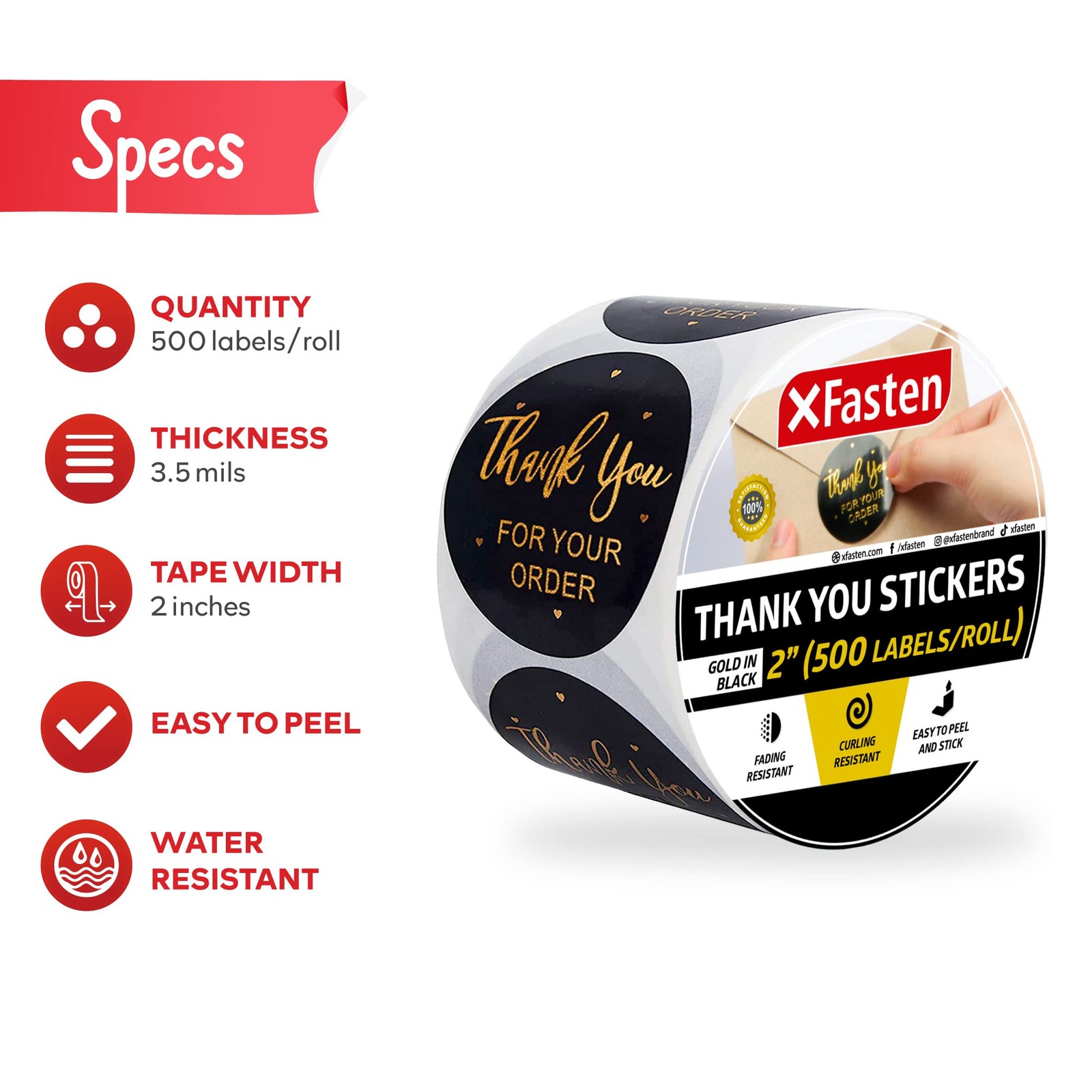 2″ Thank You Stickers Roll, 500 Gold Foil Round Sticker Label Per Roll, Black…