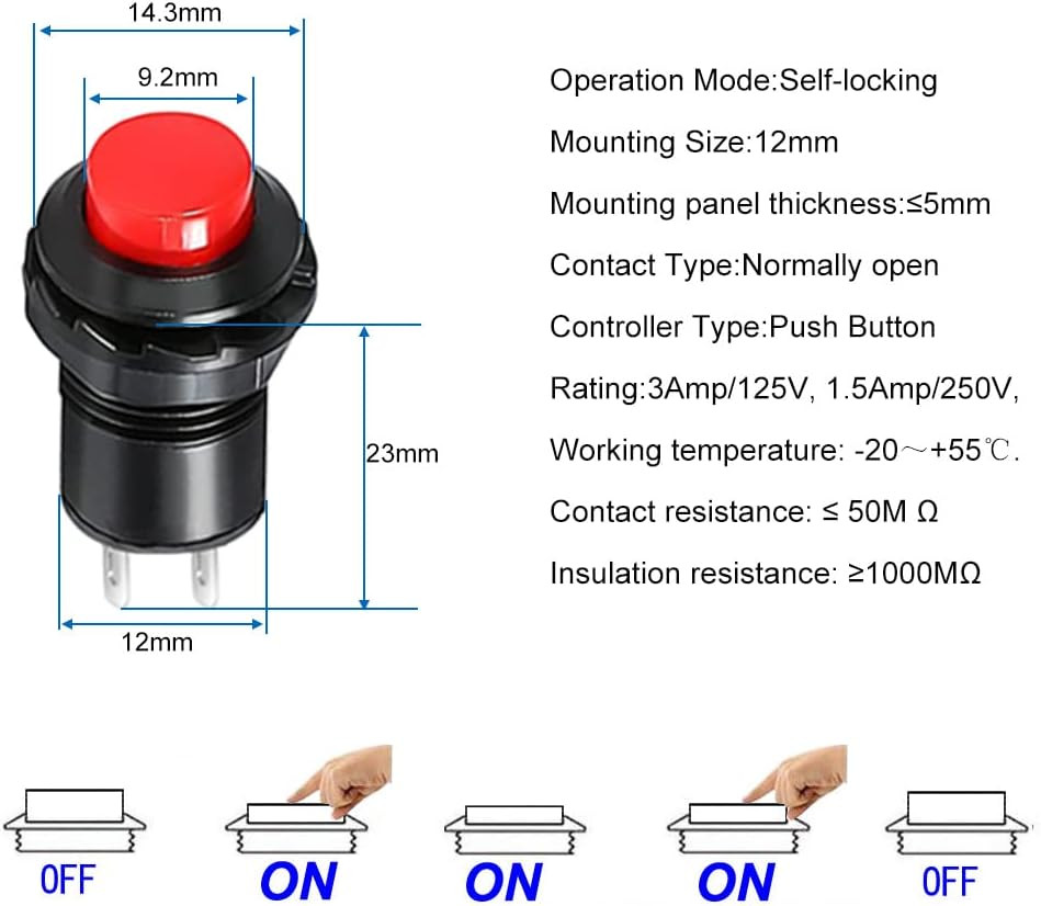 24pcs 12mm Latching Push Button Switch SPST ON/OFF AC 250V/1.5A 125V/3A, Lockabl
