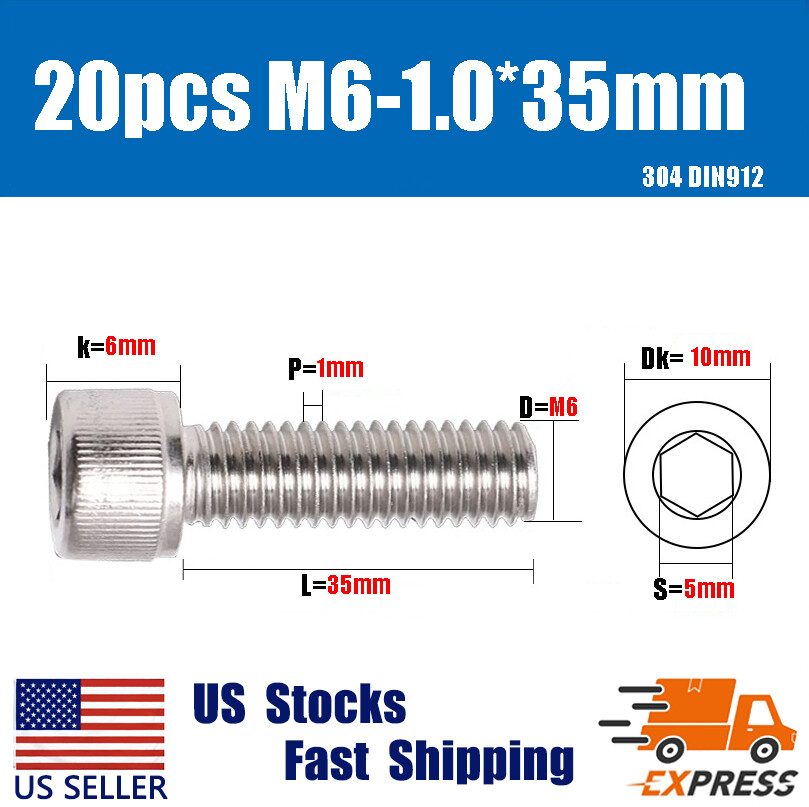 20PCS New M6 X 35mm 304 Stainless Steel Allen Hex Socket Cap Head Screws DIN912