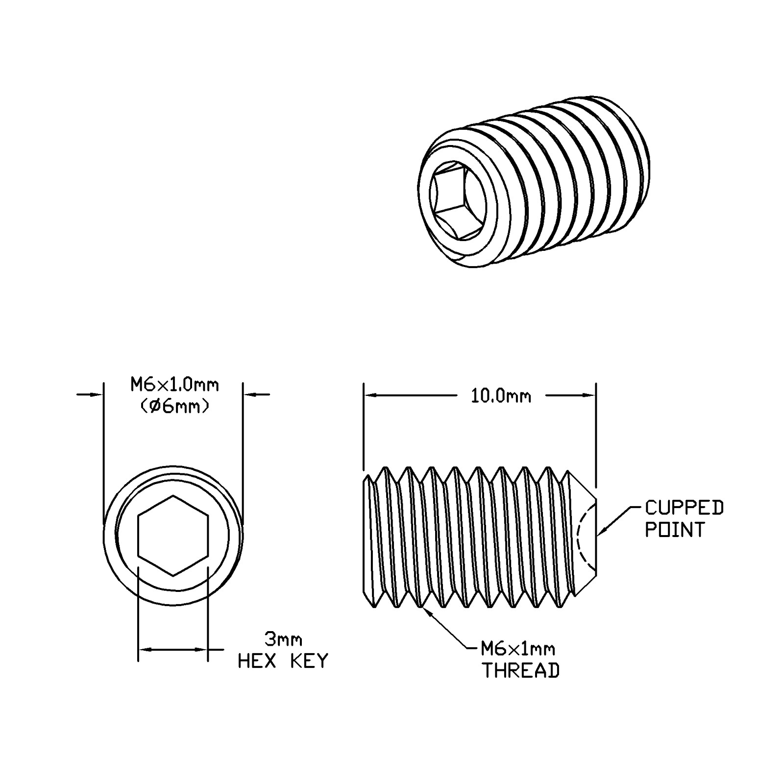 M6 x 10mm Lg, (M6x1.0 Thread) Socket Set Screw, Cupped Point, Black Oxide Finish